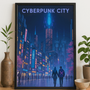 Cyberpunk City Poster Futuristic Neon Night Street Art with Skyscrapers and Couple 2