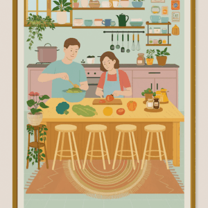 Framed Cozy Kitchen Wall Art,  Couple Cooking Together