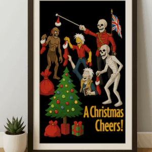 Funny British Skeleton Christmas Poster, Horror Xmas Wall Art with Tree & Gifts