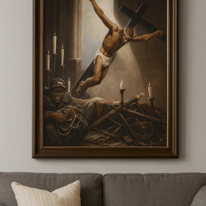 Jesus Crucifixion &War Symbolism Painting, Dramatic Christian Wall Decor for Home or Church