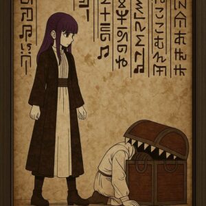 Mystical Anime-Inspired Poster, Sepia Fantasy Art with Ancient Runes and Monster Chest, Dark Magic Wall Decor