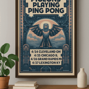 Pigeons Playing Ping Pong Art Deco Tour Poster, Framed Concert Wall Art Print