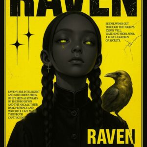 Raven Dark Art Poster, Mysterious Girl and Bird Illustration, Gothic Yellow Wall Art Print