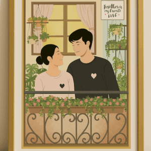 Romantic Balcony Couple Wall Art, Minimalist Love Illustration for Bedroom or Living Room Decor