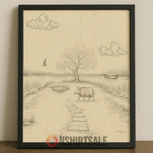 Rustic Animal Landscape Sketch Poster, Vintage Pencil Drawing Wall Art With Buffalo