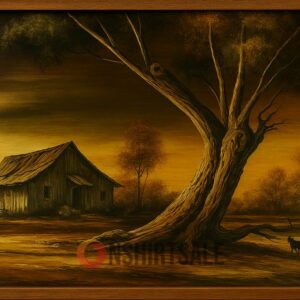 Rustic Cabin and Tree Landscape Painting Poster, Vintage Framed Country Wall Art in Sunset Tones