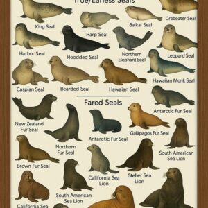 Types of Seals Educational Poster, Framed Marine Animal Chart with True and Fur Seals and Walrus